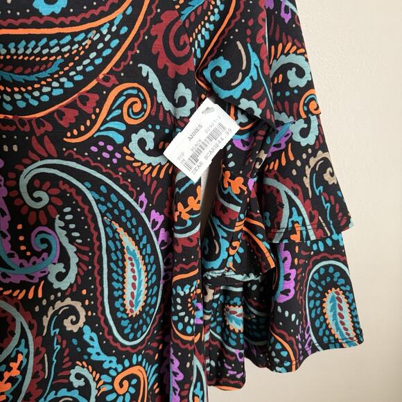 Dear Scarlett Dress Black W/Multi Paisley Design, 3/4 Ruffle Sleeve Small, NWT - Picture 4 of 8